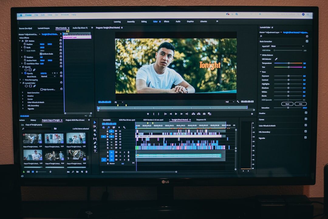 Video editor working on a timeline with multiple monitors